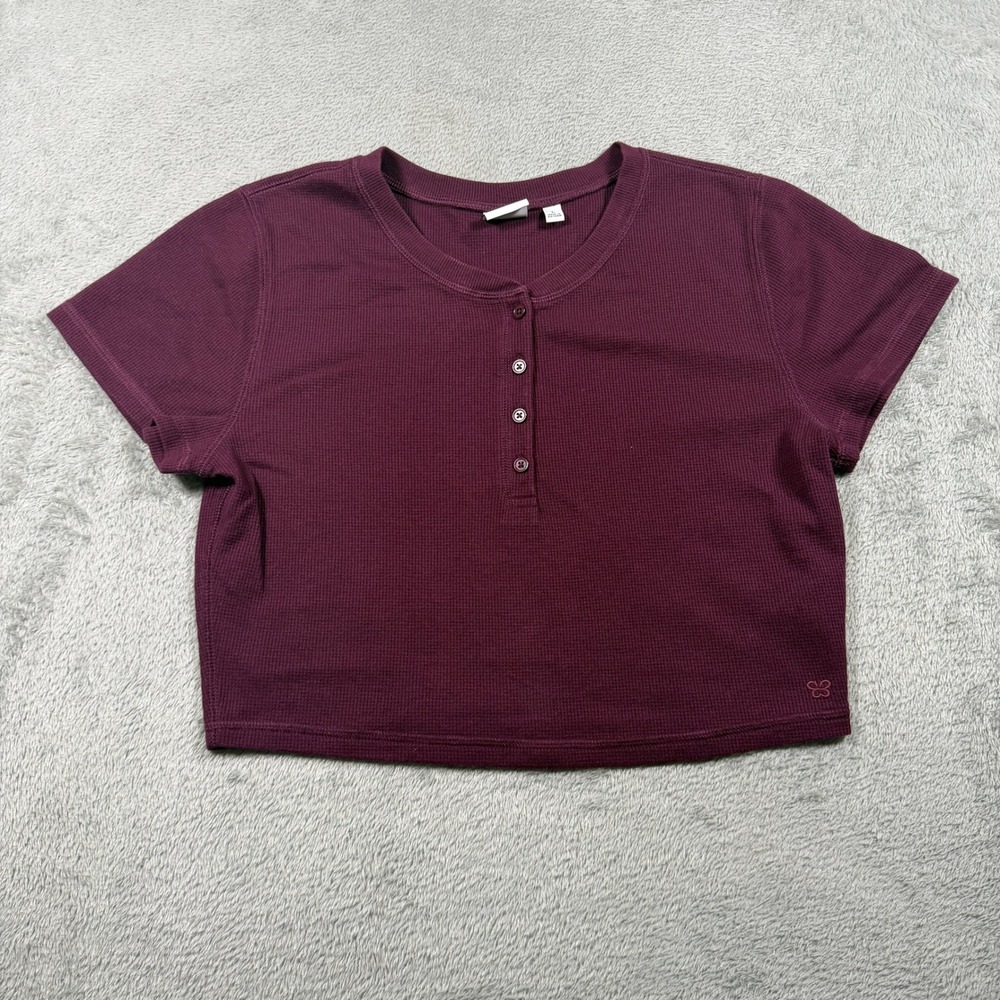 Aritzia Sunday Best Waffle Henley Top Womens Large Burgundy Knit Cropped